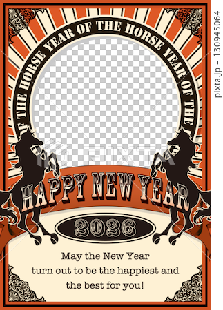 2026年賀状テンプレ「馬のフォトフレーム」ハッピーニューイヤー 英語添え書き付パターン 2026年賀状テンプレ「馬のフォトフレーム」ハッピーニューイヤー 英語添え書き付パターン 130945064