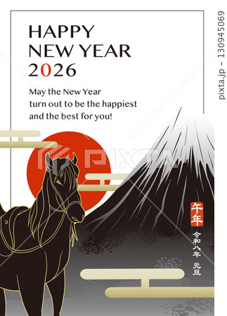 2026年賀状テンプレート「富士山と馬」ハッピーニューイヤー 英語添え書き付パターン 2026年賀状テンプレート「富士山と馬」ハッピーニューイヤー 英語添え書き付パターン 130945069