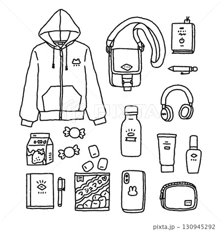 かわいいファッション・雑貨・スイーツ・いろいろイラストセット　線画 130945292