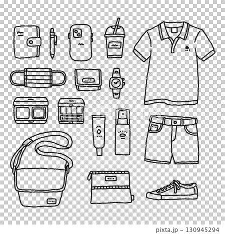 可愛的時尚、雜貨、化妝品和其他插圖集-線條圖 130945294