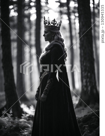 A majestic queen in a crown and elegant gown stands thoughtfully in a mysterious forest. Dramatic black and white image representing power, solitude, royalty, and fantasy. 130945335