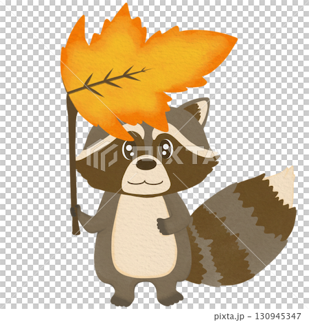 Cute raccoon holding big autumn leaf as umbrella, cartoon style, transparent PNG Cute raccoon holding big autumn leaf as umbrella, cartoon style, transparent PNG 130945347