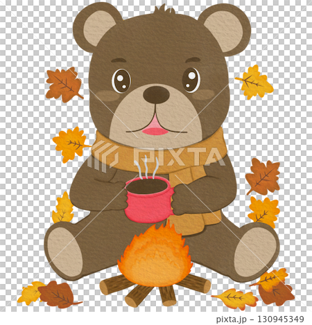 Chibi bear wearing scarf holding cup of hot cocoa, cozy autumn vibes, transparent PNG 130945349