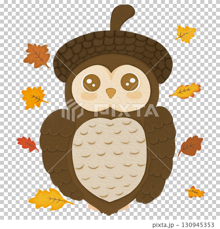 Cute owl wearing acorn cap as hat, cartoon style, autumn theme, transparent PNG 130945353