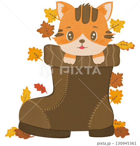 Cute cartoon cat inside autumn boot filled with leaves, isolated PNG illustration Cute cartoon cat inside autumn boot filled with leaves, isolated PNG illustration 130945361