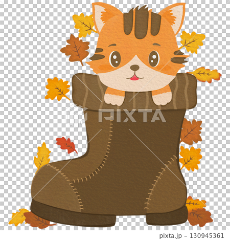 Cute cartoon cat inside autumn boot filled with leaves, isolated PNG illustration Cute cartoon cat inside autumn boot filled with leaves, isolated PNG illustration 130945361