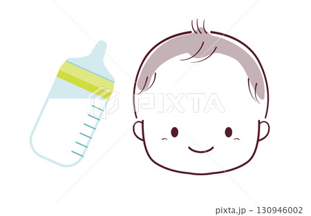 にっこり笑う赤ちゃんと哺乳瓶のイラスト 130946002
