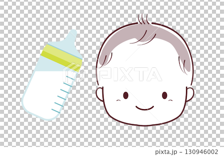 微笑的嬰兒和嬰兒奶瓶的插圖 130946002