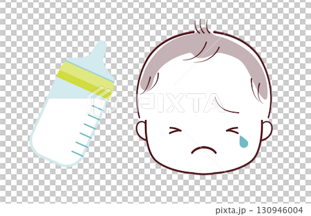 Crying baby and baby bottle illustration 130946004
