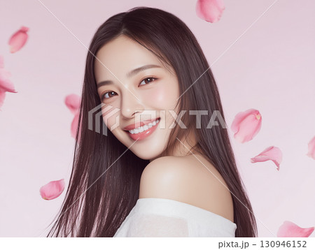 ピンクの花びらと笑顔の20代日本人女性による春のスキンケアイメージ（美容 広告 ファッション） 130946152