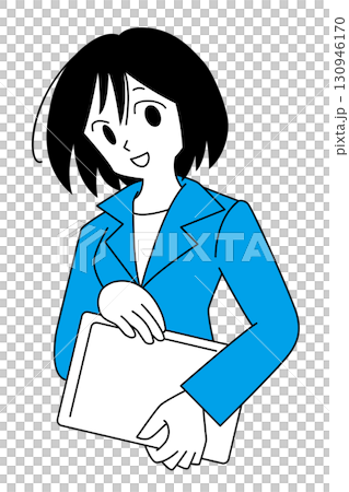 A smiling woman in a suit holding a laptop A smiling woman in a suit holding a laptop 130946170