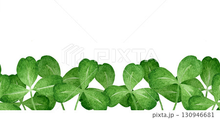 Green clover leaves seamless border decor element. Hand drawn watercolor vintage style illustration. Clover green leaf floral decor isolated on white background 130946681