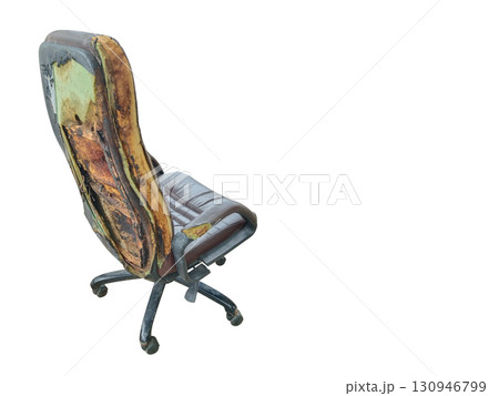 antique and old back side office chair, brown leather seat, old, damaged, torn, on a white background. ancient, object, copy space 130946799