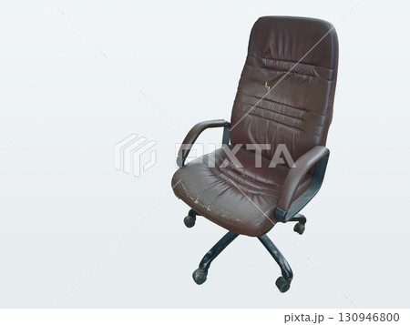 antique Office chair, brown leather seat, old, damaged, torn, on a white background. ancient, object, copy space antique Office chair, brown leather seat, old, damaged, torn, on a white background. ancient, object, copy space 130946800