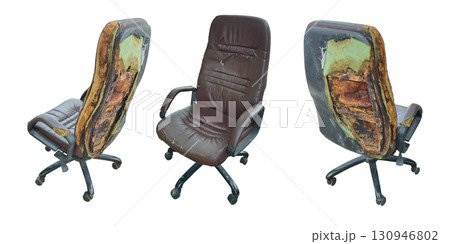 old back and side and front three office chairs, brown leather seat, old, damaged, torn, on gradient background. ancient, object, copy space 130946802