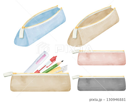 水彩画風の筆箱と文房具のイラストセット 130946881