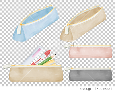 水彩画風の筆箱と文房具のイラストセット 130946881