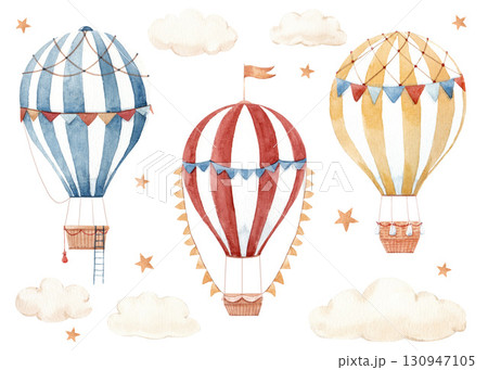 Watercolor hot air balloons illustration. Cute hand painted set with striped balloons, clouds and stars, perfect for nursery decor, baby shower invitations, kids posters and party design. Watercolor hot air balloons illustration. Cute hand painted set with striped balloons, clouds and stars, perfect for nursery decor, baby shower invitations, kids posters and party design. 130947105
