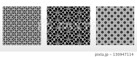 Geometric floral set of seamless patterns. Gray and black vector backgrounds. Damask graphic ornaments 130947114