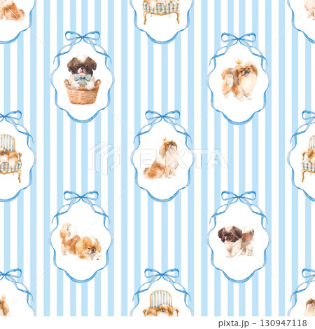 Seamless Striped Puppy Pattern , Cute Shih Tzu Dogs with Frames and Ribbons design Seamless Striped Puppy Pattern , Cute Shih Tzu Dogs with Frames and Ribbons design 130947118