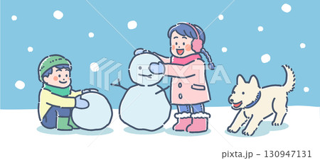 雪遊びする子供たちと犬のイラスト 130947131