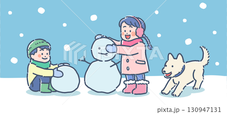 孩子和狗在雪地裡玩耍的插圖 130947131
