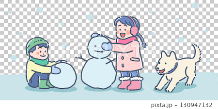 孩子和狗在雪地裡玩耍的插圖 130947132