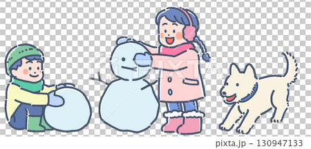 Illustration of children and dogs playing in the snow 130947133