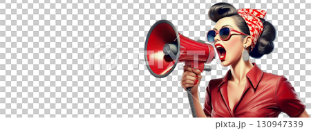 Illustration of a woman making an announcement with a megaphone 130947339