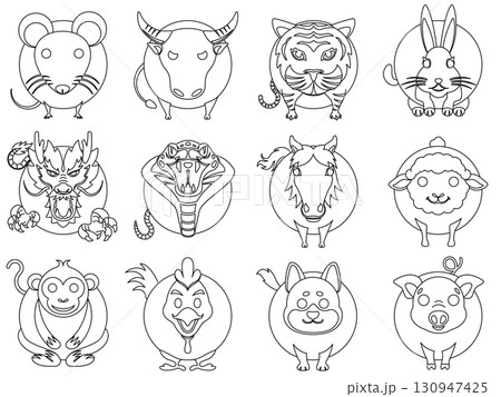 Black and white Line art Chinese horoscope zodiac illustration collection 130947425