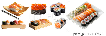 Collection set of Maki roll Nigiri sushi, many ingredient chopstick, wooden block, platter tray plate, tuna salmon seaweed roe avocado on transparent cutout PNG. Mockup template 130947472