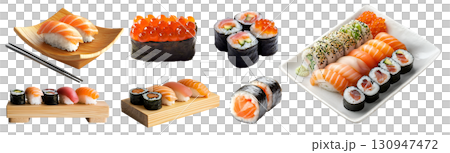 Collection set of Maki roll Nigiri sushi, many ingredient chopstick, wooden block, platter tray plate, tuna salmon seaweed roe avocado on transparent cutout PNG. Mockup template 130947472