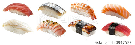 Collection set of Nigiri sushi, many ingredient, tuna salmon shrimp eel mackerel swordfish fish seafood on transparent cutout PNG file. Mockup template 130947572