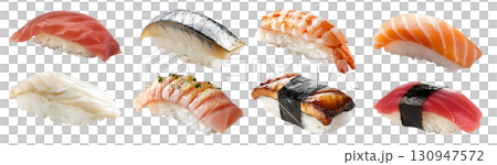 Collection set of Nigiri sushi, many ingredient, tuna salmon shrimp eel mackerel swordfish fish seafood on transparent cutout PNG file. Mockup template 130947572