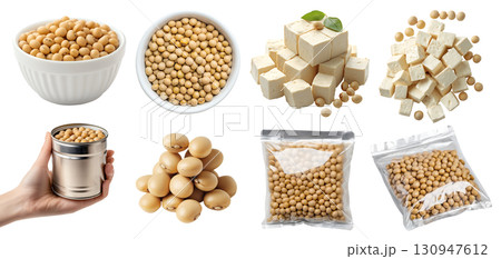 Soybean, soya soy bean, Glycine max legume seed plant pea vegetable, tofu beancurd bean curd, sealed packet foil, bowl, pile stack, hand hold can on transparent cutout PNG. Mockup template 130947612