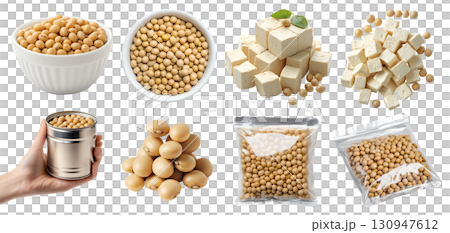 Soybean, soya soy bean, Glycine max legume seed plant pea vegetable, tofu beancurd bean curd, sealed packet foil, bowl, pile stack, hand hold can on transparent cutout PNG. Mockup template 130947612