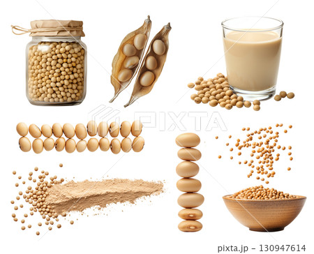 Soybean, soya soy bean, Glycine max legume seed plant pea vegetable, soymilk milk, protein powder, bowl, pile stack, glass bottle jar, in pod on transparent cutout PNG. Mockup template 130947614