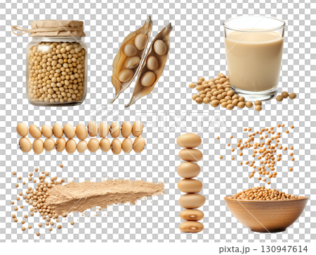 Soybean, soya soy bean, Glycine max legume seed plant pea vegetable, soymilk milk, protein powder, bowl, pile stack, glass bottle jar, in pod on transparent cutout PNG. Mockup template 130947614