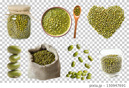 Mung moong bean, green gram, Vigna radiata legume seed plant pea vegetable, glass cup jar bottle, soup in bowl, heart love shape, burlap sack, pile stack on transparent cutout PNG. Mockup template 130947691