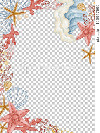 Vertical frame of blue wave and starfish in watercolor style. Hand drawn line art with pearl and coral in colored pencil sketch. Great for summer card template. Perfect for nautical coastal print. 130947699