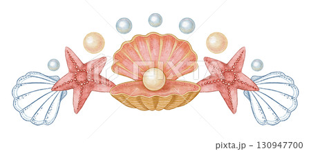 Red five pointed starfish and seashell with pearl watercolor design. Hand drawn line art with dots in colored pencil style. Great for summer travel card or holiday print. Perfect for coastal project. Red five pointed starfish and seashell with pearl watercolor design. Hand drawn line art with dots in colored pencil style. Great for summer travel card or holiday print. Perfect for coastal project. 130947700