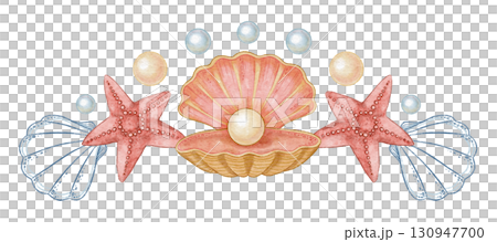 Red five pointed starfish and seashell with pearl watercolor design. Hand drawn line art with dots in colored pencil style. Great for summer travel card or holiday print. Perfect for coastal project. Red five pointed starfish and seashell with pearl watercolor design. Hand drawn line art with dots in colored pencil style. Great for summer travel card or holiday print. Perfect for coastal project. 130947700