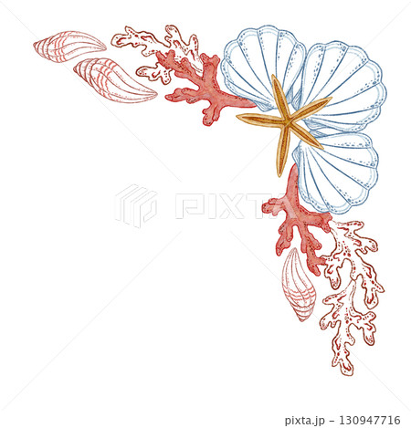 Seashell with starfish and coral corner watercolor design. Hand drawn line art with clam and spiral shell in colored pencil style. Great for summer card or holiday print. Perfect for coastal project. Seashell with starfish and coral corner watercolor design. Hand drawn line art with clam and spiral shell in colored pencil style. Great for summer card or holiday print. Perfect for coastal project. 130947716