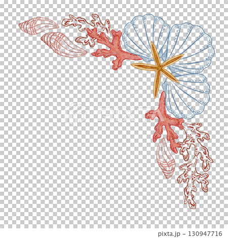 Seashell with starfish and coral corner watercolor design. Hand drawn line art with clam and spiral shell in colored pencil style. Great for summer card or holiday print. Perfect for coastal project. Seashell with starfish and coral corner watercolor design. Hand drawn line art with clam and spiral shell in colored pencil style. Great for summer card or holiday print. Perfect for coastal project. 130947716