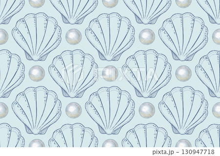 Seamless pattern with shine pearl and shell on blue background in watercolor. Hand drawn textured outline in elegant coastal design. Great for wedding fabric or wallpaper. Perfect for luxury print. Seamless pattern with shine pearl and shell on blue background in watercolor. Hand drawn textured outline in elegant coastal design. Great for wedding fabric or wallpaper. Perfect for luxury print. 130947718