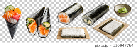 Collection set of Maki and Temaki hand roll wrapped sushi, wasabi, rice with nori seaweed sheet on bamboo mat, tuna salmon sashimi roe avocado on transparent cutout PNG. Mockup template 130947764
