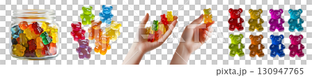Gummy gummies jelly bear chewy sweet candy candies, many angles view, glass jar bottle, hand holding, dropping falling, pile stack on transparent cutout PNG. Mockup template 130947765