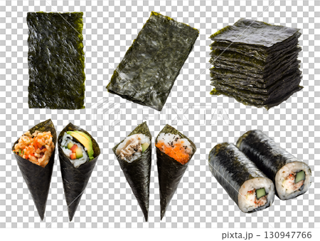 Collection of Maki and Temaki hand roll wrapped sushi with, set of nori seaweed sheet, tuna salmon sashimi roe avocado on transparent cutout PNG. Mockup template 130947766