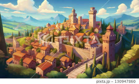 塔のある中世の都市を俯瞰するイラスト 130947860