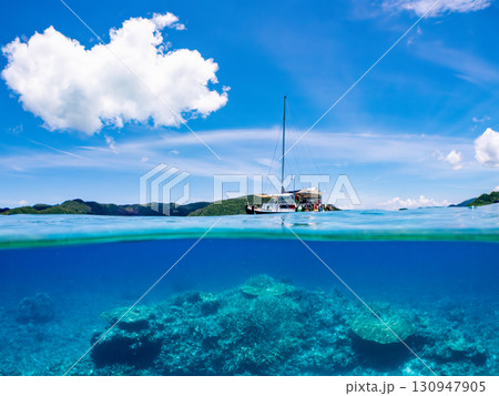カタマランヨットのダイビングクルーズ船の半水面撮影。美しいサンゴ礁と熱帯魚の群れ。 沖縄県島尻郡慶良 130947905